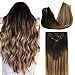 DOORES Clip in Hair Extensions Remy Balayage Dark Brown Fading to Chestnut Brown and Dirty Blonde 16 Inch Real Human Hair Clip in Extensions Natural Straight Hair Extensions 120g 7pcs