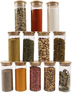 ORNAMI Small Glass Food Jar with Natural Bamboo Lid and Silicone Ring for Airtight Sealing, Little Clear Canister Jar for Kitchen Storage, for Grains, Seeds, Salt, Pepper, Spices - Set of 6 (200ml)