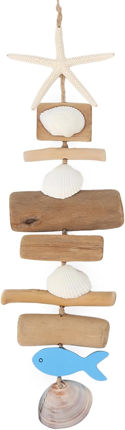 JQAQJU Wooden Fish Driftwood Wall Decor with Starfish & Seashells - Coastal Beach Art for Bathroom, Living Room, Indoor Outdoor