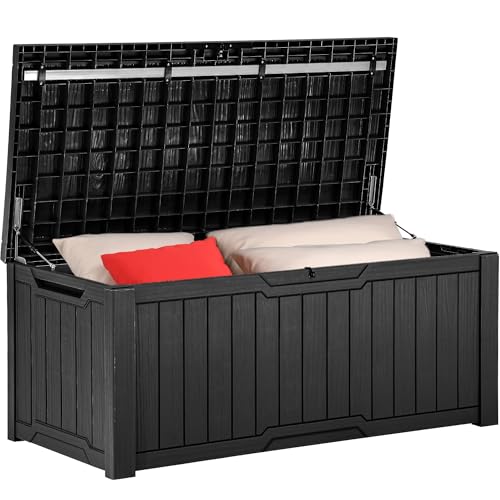 YITAHOME Outdoor Storage Box, 120 Gallon Waterproof Deck Box for Garden Tools, Patio Cushions, and Pool Accessories, Lockable, Easy Assembly, Versatile Bench or Table (Black)