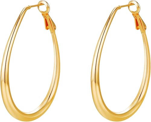 Pendientes de aro ovalado ligeros para mujer - chapados en oro de 14 quilates, chapados en oro rosa y plata de ley, aretes de aro oblongo grandes