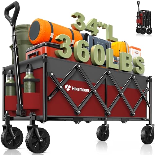 HIKEMOON 34'' Extra Long Folding Portable Wagon, 120L 360LBS Red & Grey