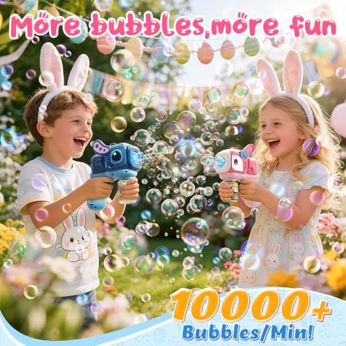 2 Pack Bunny Bubble Machine Gun for Toddlers,Fast Bubble Blast 10,000+ BPM, Leak-Proof Bubble Blower with LED Lights, Easter Basket Stuffers, Outdoor Spring Easter Toy for Boys Girls Ages 3-6 - 1