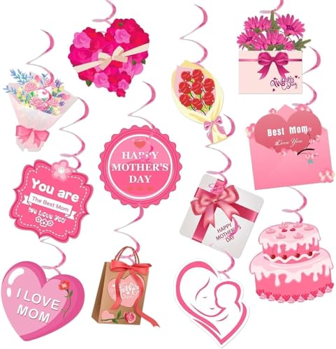 12 peças de decoração para o dia da mãe, espirais pendentes, decoração de papel com design de coração rosa para o dia da mãe, decoração de parede para o teto da mãe