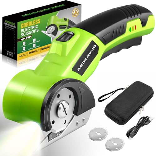 Cordless Electric Scissors, 4V Cardboard Cutter with Safety Lock, 2 Blades | 2600mAh rechargeable power cutter with LED light, 2 blades and storage case for cardboard, fabric, leather and crafts