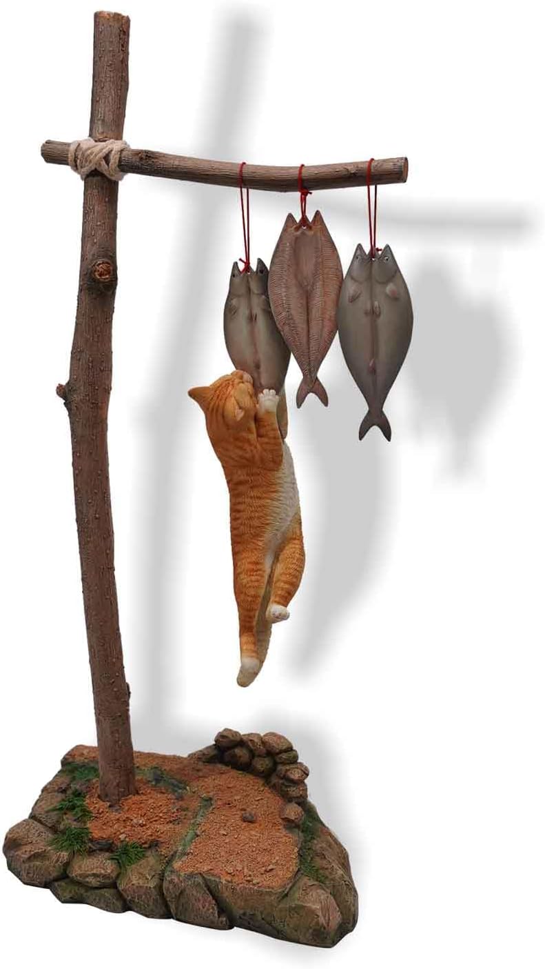 MMOS X JXK Fish-Stealing Black Cat with Fish Figurine Intricate Texture Details, Gift for Family