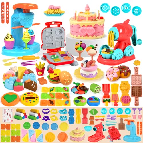 Aprilwolf 70 PCS 4 in 1 Dough Sets for Kids Ages 3-4-8, Art Crafts Dough Tools Kit, Ice Cream Playset Noodle Hamburger Cake Maker Machine, Kitchen Creations Food Play Toys Toddlers Boys Girls