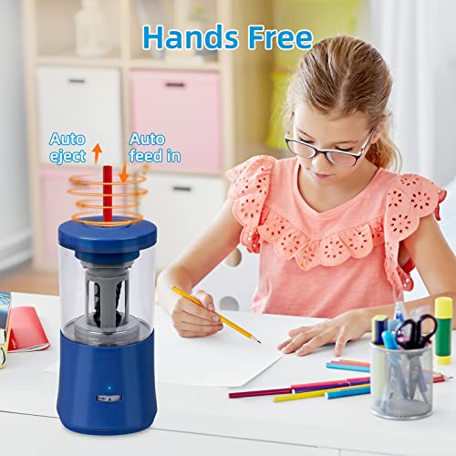 Electric Pencil Sharpener, Fully Automatic Pencil Sharpener For 6-8Mm Pencils, Hands-Free Rechargeable Pencil Sharpener, Fast Sharpening Helical Blade, No Uneven Tips, Also For Short Pencils (Blue) #TOP1
