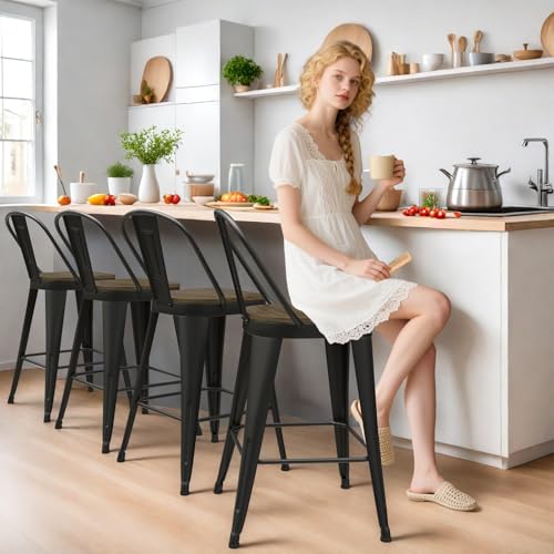 Butacos de Barra de 26 Pulgadas, Juego de 2 Unidades, con Espaldar Alto y Asiento de Madera, Butacos Industriales de Metal para Isla de Cocina (Negro Mate) miniatura 5
