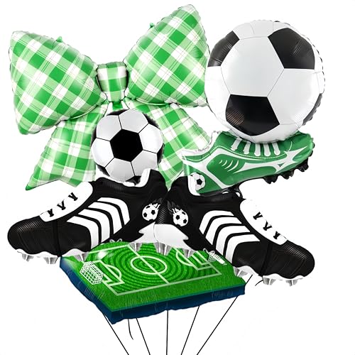 6Pcs Soccer Balloons Set/38” Green Plaid Bow, Soccer Shoes & Field Foil Balloons for World Socce Cup Party, Football Lover Birthday, Father’s Day Sports Decor/Soccer Parade Float Sports Party