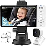 GHB Baby Car Camera, Wireless 5" HD Monitor for Car Travel & Home Use, Rechargeable Battery, 720P Night Vision, 2-Way Audio & Temperature Sensor with Suction Mount