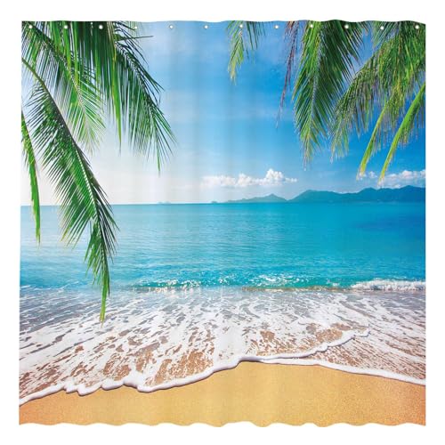 Allenjoy 72" x 72" Tropical Beach Shower Curtain Summer Seaside Scene Ocean Island Palm Tree Bathroom Decorations Curtain Durable Bathtub Showers Decor (Hooks Not Included) by Allenjoy - Used condition - US$13.24