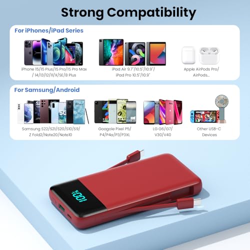 Image of Portable Charger for iPhone,13800mAh Slim Power Bank with Built-in Cables & AC Wall Plug,All in One 4 Outputs USB C Fast Charging Battery Pack Travel Essential for iPhone 17 /16 /15 /14,Android (Red)