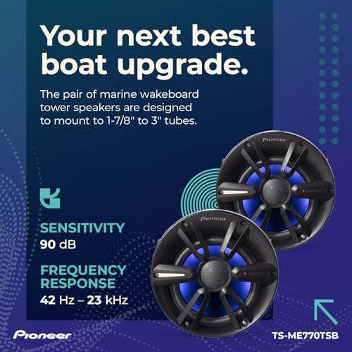 Image of PIONEER TS-ME770TSB 7.7 inch Wakeboard Tower Speakers (Pair, Black Sport Design) - 250W, RGB LED Lighting, Water Resistant Marine Speaker System Upgrade for Boats and Other Outdoor Audio Systems