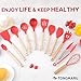 Silicone Cooking Utensils Set, Premium Beech Wood Handle Kitchen Gadgets Utensil Set, Non-Stick Kitchen Utensils Spatula, Tongs, Turner, Whisk, Brush, Spoon, BPA FREE, 446°F Resistant (Red)