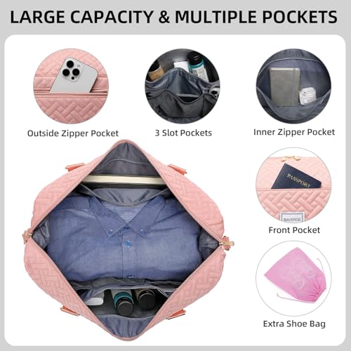 Image of Duffle Bag for Travel, Weekender Bag with Shoe Compartment, Carry On Overnight Bag for Women with Toiletry Bag, Gym Bag with Wet Pocket, Hospital Bags for Labor and Delivery Beige, Pink-Embroidery