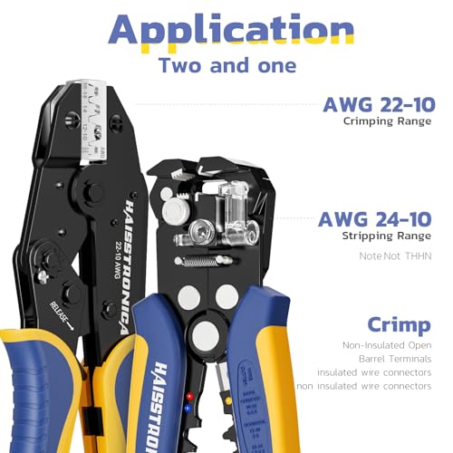 Image of haisstronica Wire Stripper and Crimping Tool,AWG 24-10 Automatic Stripper Tool with AWG 22-10 Ratchet Wire Crimper For Non-Insulated Open Barrel Terminals