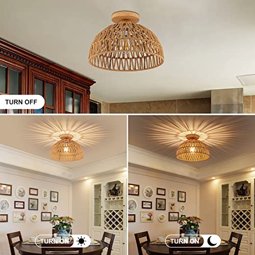 Rattan Ceiling Light Fixtures Boho Chandelier Rattan Flush Mount Ceiling Light Hand-Woven Cage Shade Small Chandelier Light Wooden Ceiling Base For Hallway Bedroom Kitchen Nursery Farmhouse Chandelier #TOP3