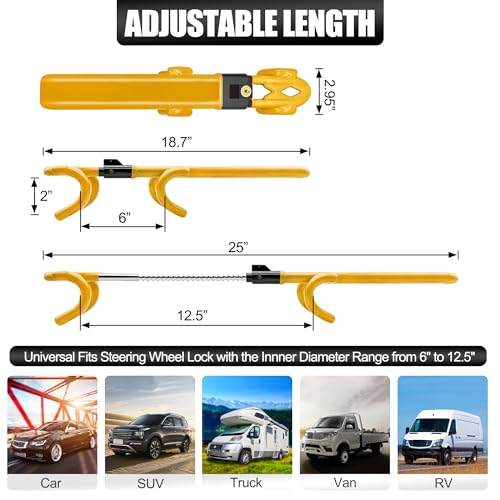 KAYCENTOP Steering Wheel Lock Anti-Theft Device Adjustable Car Steering Wheel Lock Universal Double Hook Wheel Locks for Car Truck SUV Van Yellow - Thumbnail 3