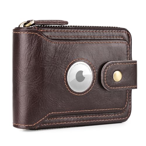 Image of Airtag Wallets For Men With Zipper RFID Blocking Leather Bifold Mens Wallet - Big Capacity Credit Card Travel Wallet - Flap ID Window Zip Coin Pocket (Coffee)