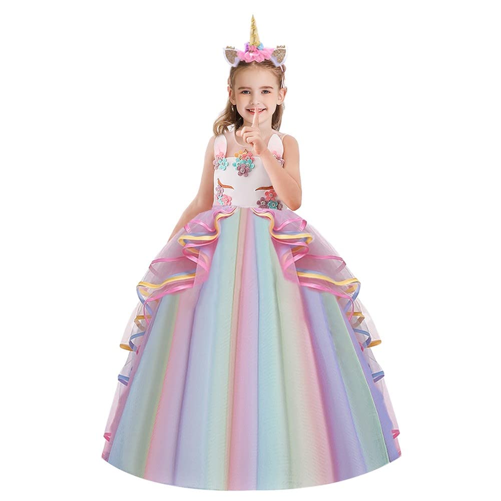 HOIZOSG Girls Unicorn Birthday Costume Princess Tulle Dress Sleeveless Christmas Party Wedding Pageant Ball Gown w/Headband