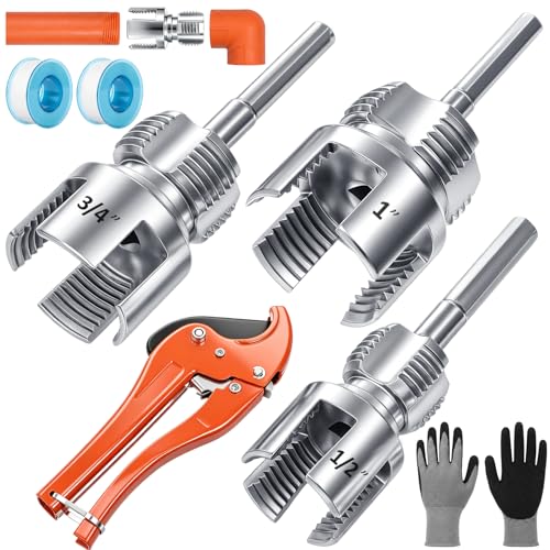 ElaraBerry 2026 New 4 in 1 Water Pipe Wrench & Pipe Threader Tool Kit - 1/2 3/4 1 Internal & External Thread Cutting Tool with 42mm Sk 5 Cutter 2 Rolls Ptfe Tape Gloves Cutting Tools