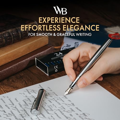 Image of Wordsworth & Black Luxury Fountain Pen Set for Writing, Medium Nib, Silver | Gift for Men & Women, Brass Body, 18K German Iridium, Calligraphy, Converter + 24 Ink Cartridges, Refillable, Leak-Free