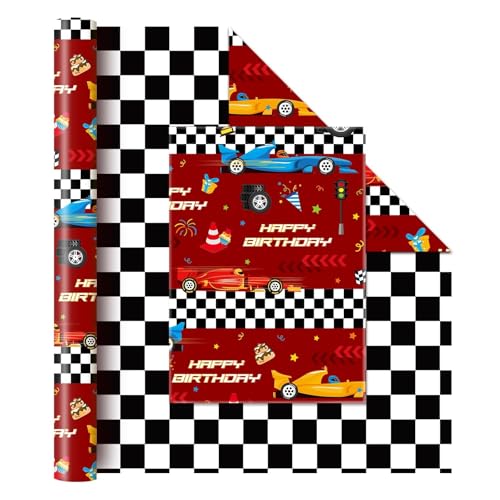 WERNNSAI - Papel de regalo para coche, 1 rollo de papel de regalo para niños y niños, reversible, color negro, blanco a cuadros, para cumpleaños, fiesta de coche, carrera, 43 cm x 10 m
