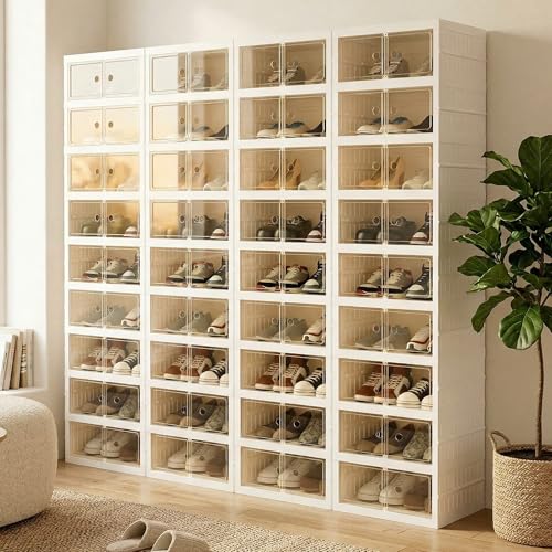 Image of Foldable Shoe Organizer Storage Box Set of 4, Portable Extra Large Folding Shoe Rack for Closet, Shoe Storage Box with Magnetic Transparent Door and Wheels, 9 Layers 18 Grids with 4 Big Grids