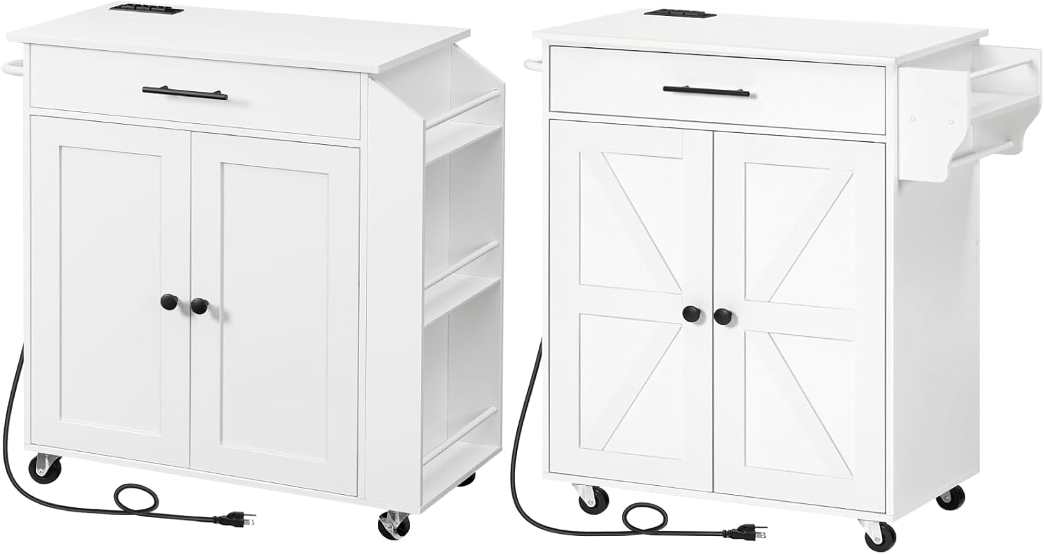 HOOBRO Kitchen Island with Outlet and Kitchen Island Bundle, Rolling Kitchen Cart on Wheels, for Home, Kitchen and Dining Room, White WT82UZD01G1-WT88UZD01