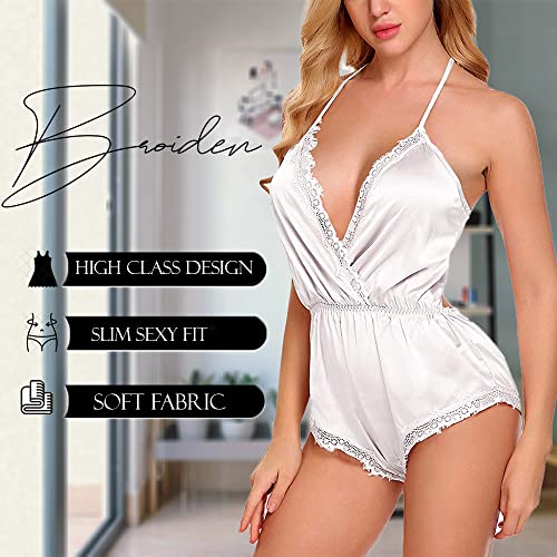 Image of BROIDEN Women Lingerie Bodysuit V Neck Teddy Lace Babydoll Satin Nightwear