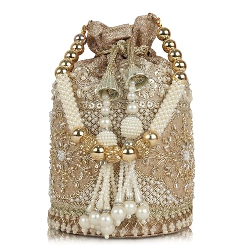 Image of Nevis Silk Fabric Luxury Pearl Embroidered Potli Bag for Women | Bridal Ethnic Drawstring Clutch with Beaded Handle Wedding | Potli Bag