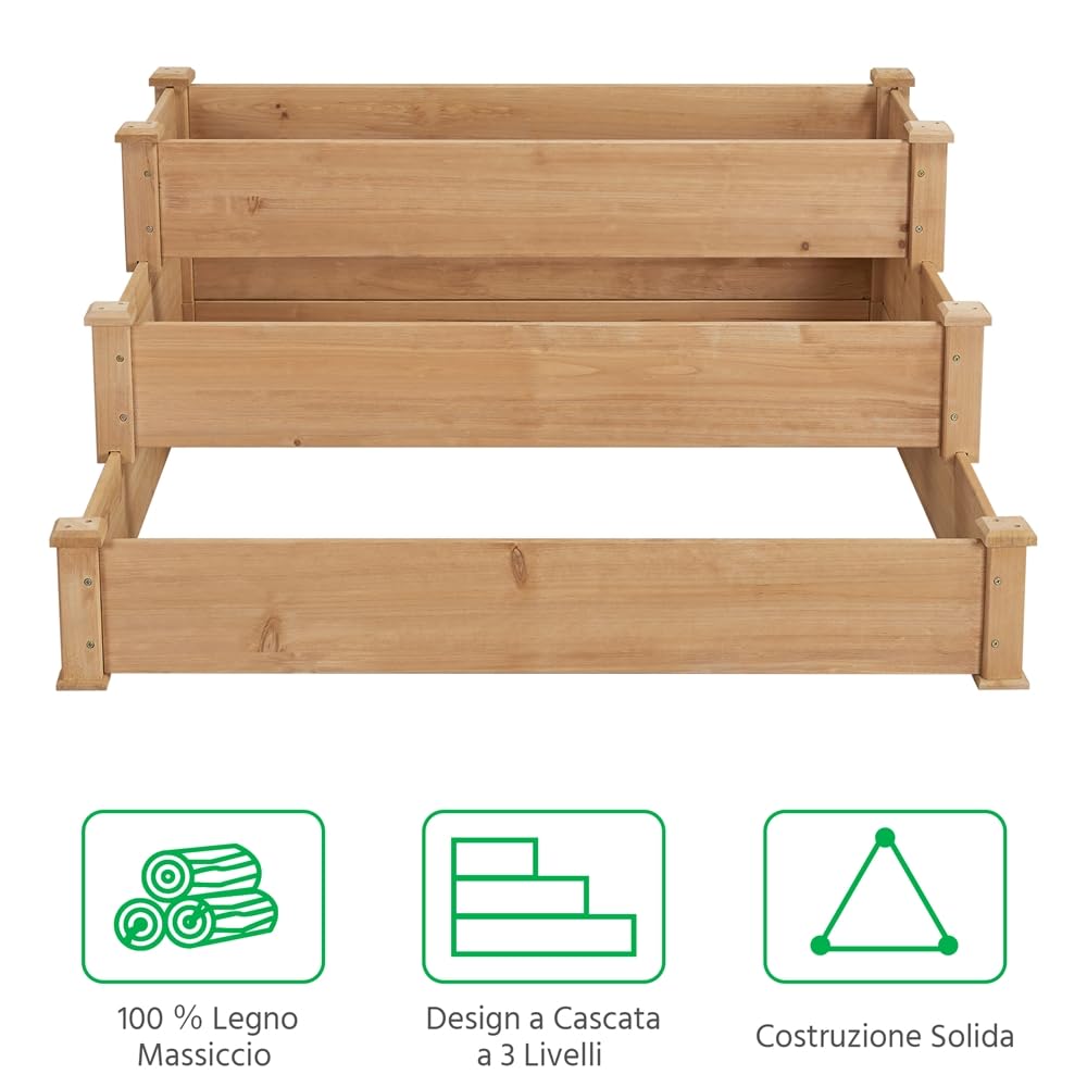 Yaheetech Letto Orto Rialzato da Giardino Etserno Interno Grande a 3 Livelli Aiuola Rialzata Vasca per Piante in Legno 120 x 120 x 56 cm Marrone Chiaro