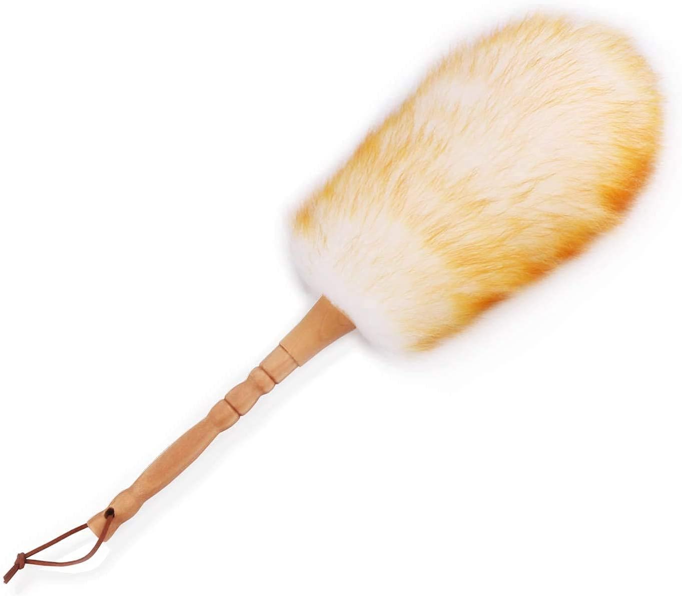 A soft wool duster with a wooden handle. 