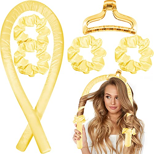 Heatless Hair Curling Heatless Curler Rod Headband, No Heat Curls Silk Ribbon Hair Roller for Long Hair, Sleeping Soft Headband Hair Curlers DIY Hair Styling Tools (Yellow)