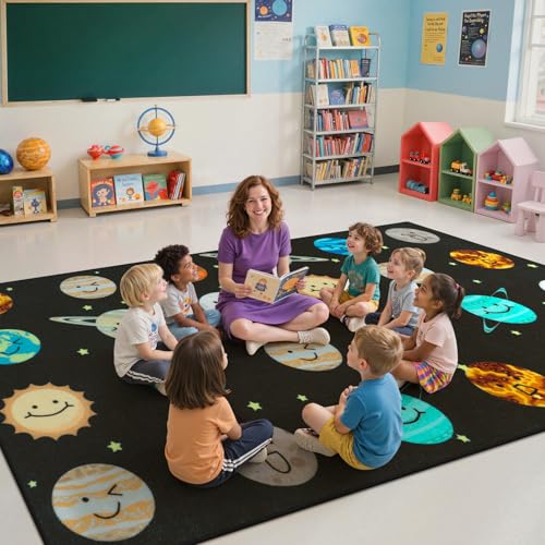 Image of STARUIA Classroom Rug with Planet Smiley Face, 7.5x13 Educational Circle Time Rug for Preschool Daycare Seating Spots, Non-Slip Classroom Carpet Kid Rugs for Playroom and Teaching, Seats 24, Black