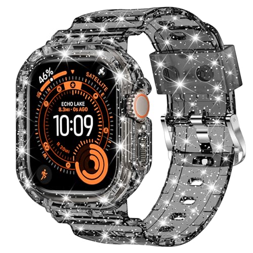 XYF Compatible for Crystal Clear Apple Watch Ultra 3 2 Bands 49mm, Bumper Case for Men Women Jelly Sport Cover Strap for iWatch Ultra 3 2 Series 11 10 9 8 7 SE 6 5 4 3 (Glitter Black, 49) by XYF - Used condition - US$11.53