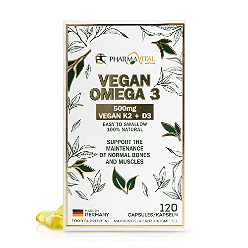 100% Vegan Omega 3 hochdosiert aus Deutschland mit EPA und DHA plus K2 Vital Delta und D3, veganes Omega3 aus Algen-Öl (120 Stück) Cover