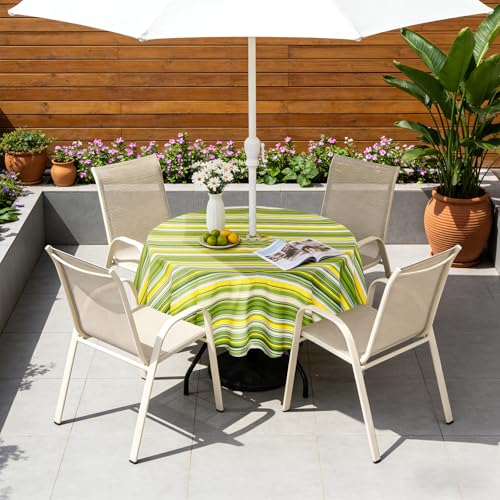 Poise3EHome 60 Inches Round Outdoor Tablecloth with Umbrella Hole and Zipper,Spillproof Patio Table Cloth for Camping Picnic Party Garden Table, Green Striped — view 4