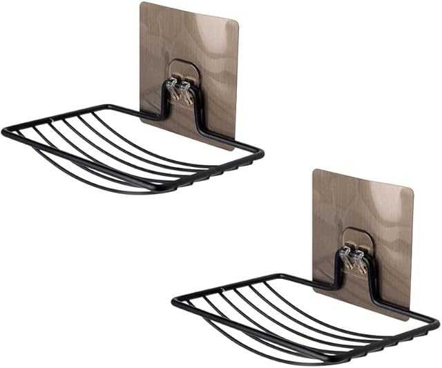SOFTBATFY Sturdy Soap Dish Holder, 2 Pack Self Adhesive Wall Mounted Soap Sponge Holder Stainless Steel Storage Saver Rack for Home Kitchen Bathroom Shower (Black)