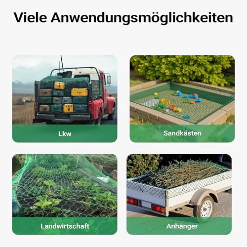 Wiltec Ladungssicherungsnetz 5x3 m Grün Masche 4,5x4,5 cm Stärke 3 mm Polypropylen Transportnetz für Anhänger mit Randkördel Witterungsbeständig Ladung Sicherheit
