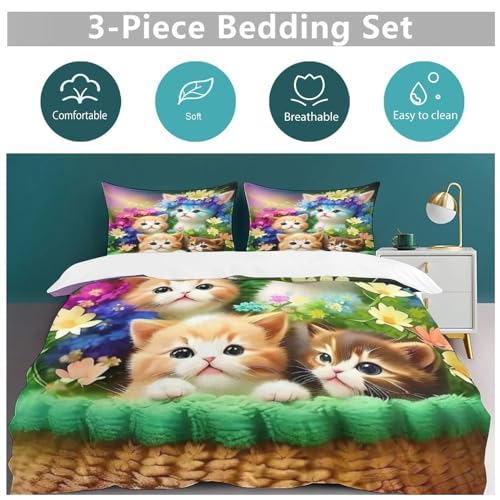 Housse de couette chat mignon 220x240cm avec 2 taies d'oreiller
