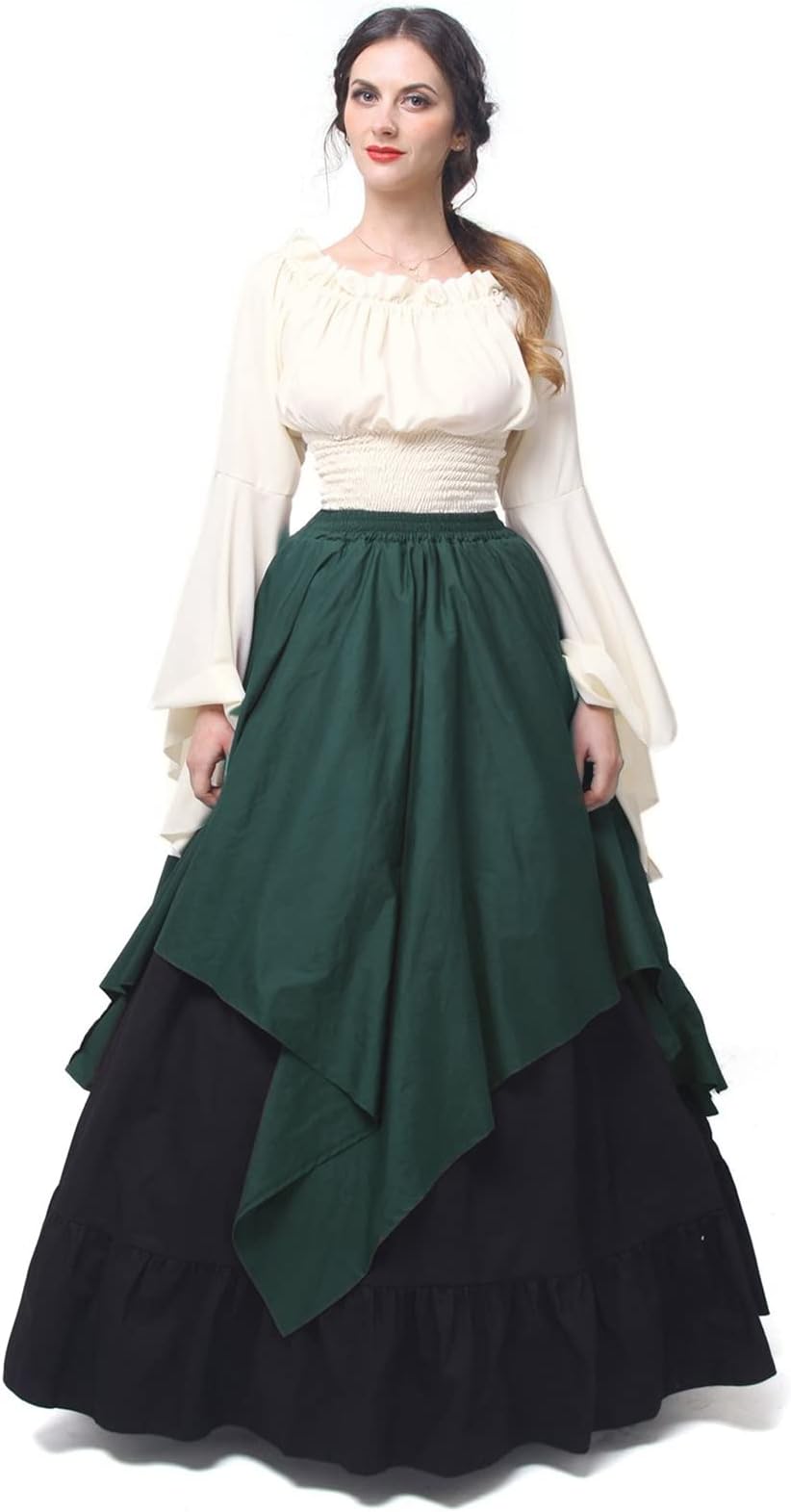 Renaissance Costume Women 2 Piece Medieval Dress Set Bell Sleeve Layered Peasant Outfit for Ren Faire
