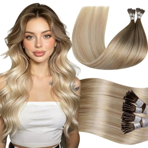 LaaVoo I Tips Hair Extensions Real Human Hair Blonde Itip Human Hair Extensions Balayage Brown to Ash Blonde with Platinum Blonde I Tip Hair Extensions Pre Bonded Hair Extensions 16in 50g 60s