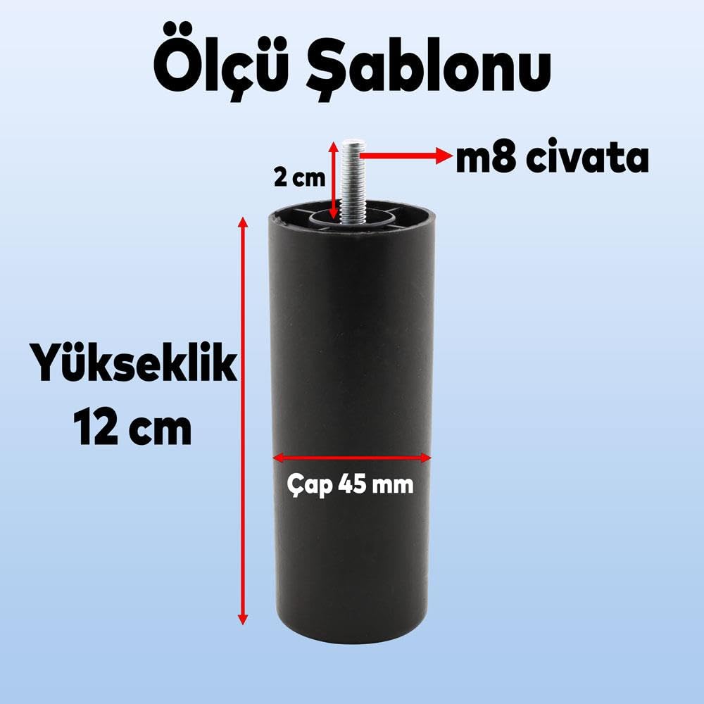 Badem10 Mobilya Kanepe Koltuk Baza Yükseltici Yükseltme M8 Civatalı İnce Diş Destek Ayağı Ayakları Siyah 12 cm 4 Adet