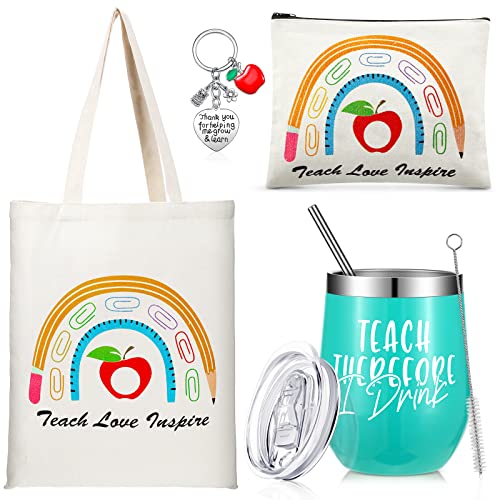 Hillban 4 Pcs Teacher Gift 12 Oz Tumbler Tote Bag Keychain,Rainbow Style