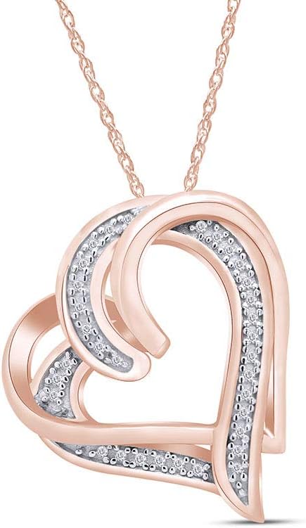AFFY Round Cut White Natural Diamond Double Heart Pendant Necklace In 14K Gold Over Sterling Silver (0.10 cttw, I-J Color, I2-I3 Clarity) With 18" Chain
