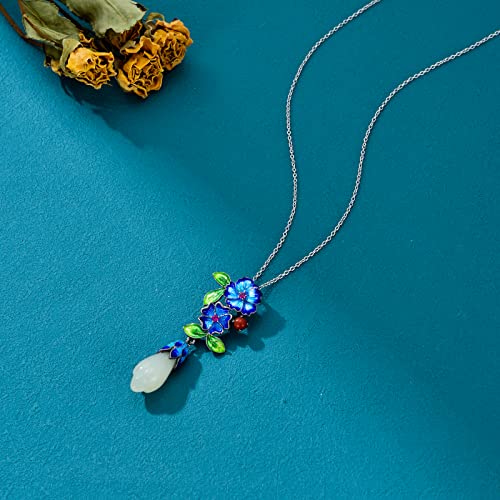 Jkr Jade Pendant Necklace Sterling Silver Enamel Flower Floral Necklace Mother’s Day Gifts For Women Mom Girls Her Lover Wife Girlfriend (Long Jade) #TOP5
