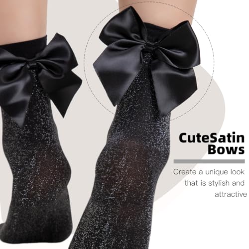 MANZI 3 Pairs Women's Glitter Bow Ankle Socks Sparkly Cozy Sheer Black Crew Socks with Cute Satin Bows Lace Girly Metallic Shimmer Short Stockings3