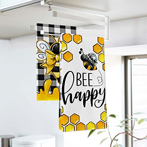 Seliem Summer Bumble Bee Happy Inspirational Kitchen Dish Towel Set Of 2, Honey Honeycomb Hand Towel Buffalo Check Plaid Bow Drying Baking Cooking Cloth, Spring Seasonal Home Kitchen Decor 18X26 Inch #TOP6